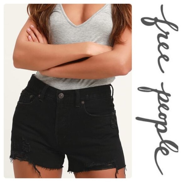 Free People Button Fly True Black Jean Shorts 24 - Picture 1 of 6
